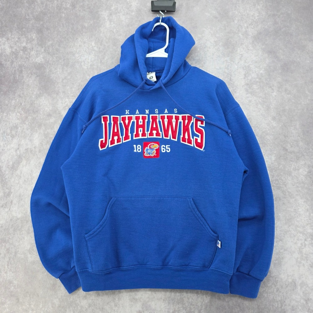 Vintage Kansas Jayhawks Russell Athletic Hoodie Blue Embroidered Mens Medium Y2K